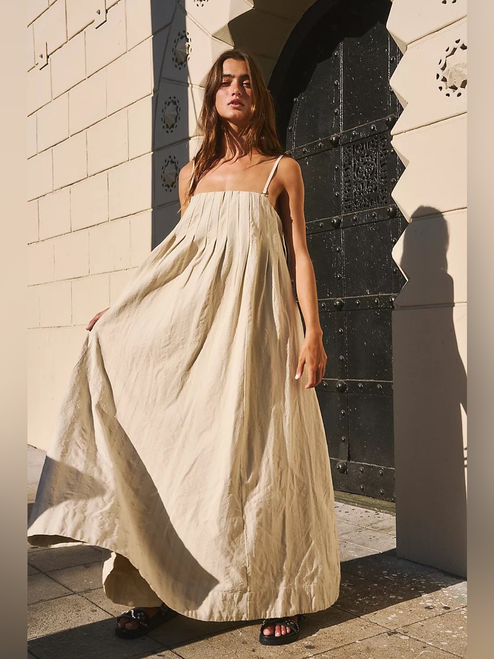 A.REN CHRISTAL Linen MAXI Dress in Light Beige Size S NWT